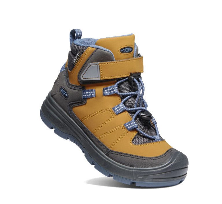 Детские ботинки Keen Redwood Mid WP для активного отдыха, путешествий и походов в стиле Mountaineering и outdoor с желтым и ферментированным синим цветом для спортивной одежды и обуви для активной жизни