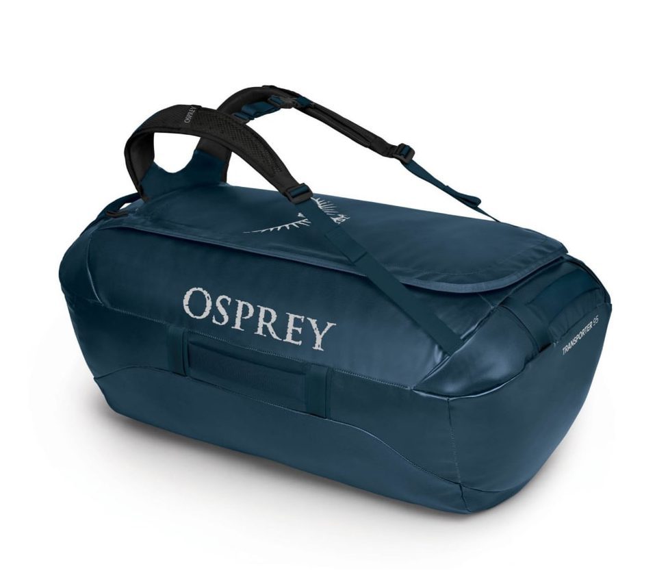 Тёмно-синяя сумка Osprey Transporter 95 для активного отдыха путешествий и походов для одежды и обуви для хайкинга и альпинизма