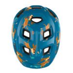 Шлем для активного отдыха на сайте онлайн-магазина спортивной одежды обуви для хайкинга альпинизма путешествий и экстремальных видов спорта в ярком голубом цвете с дизайном тире и героем собаки Текеел в стиле глянца