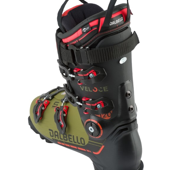 Современные лыжные ботинки Dalbello Veloce 120 MV в черно-оливковом цвете для активной жизни, горнолыжного спорта и путешествий.