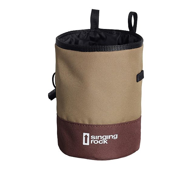 Сумка для магнезии Singing Rock Duo в коричневом и золотом цветах, идеальна для активного отдыха, скалолазания и путешествий.