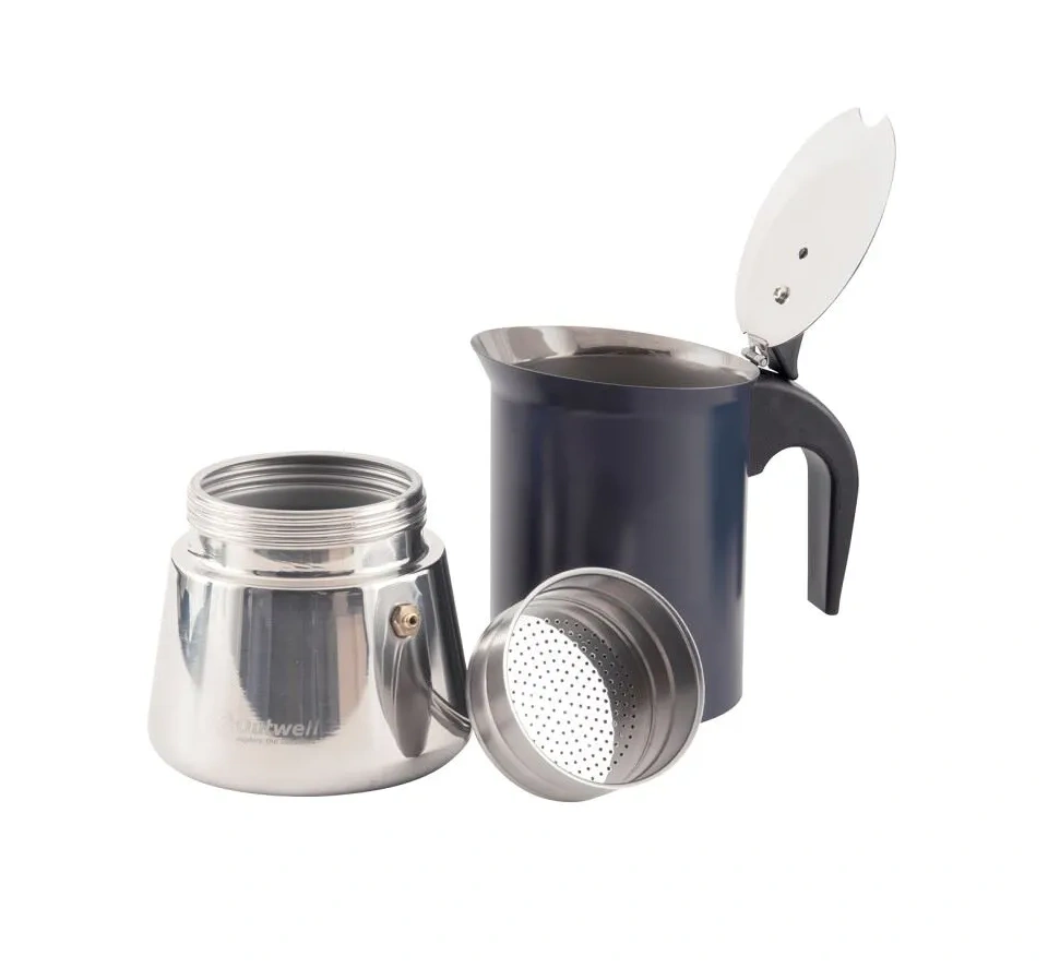 Миниатюра кофеварки Outwell Barista Espresso Maker для любителей активного отдыха, путешествий и походов с одеждой и обувью для хайкенга и альпинизма