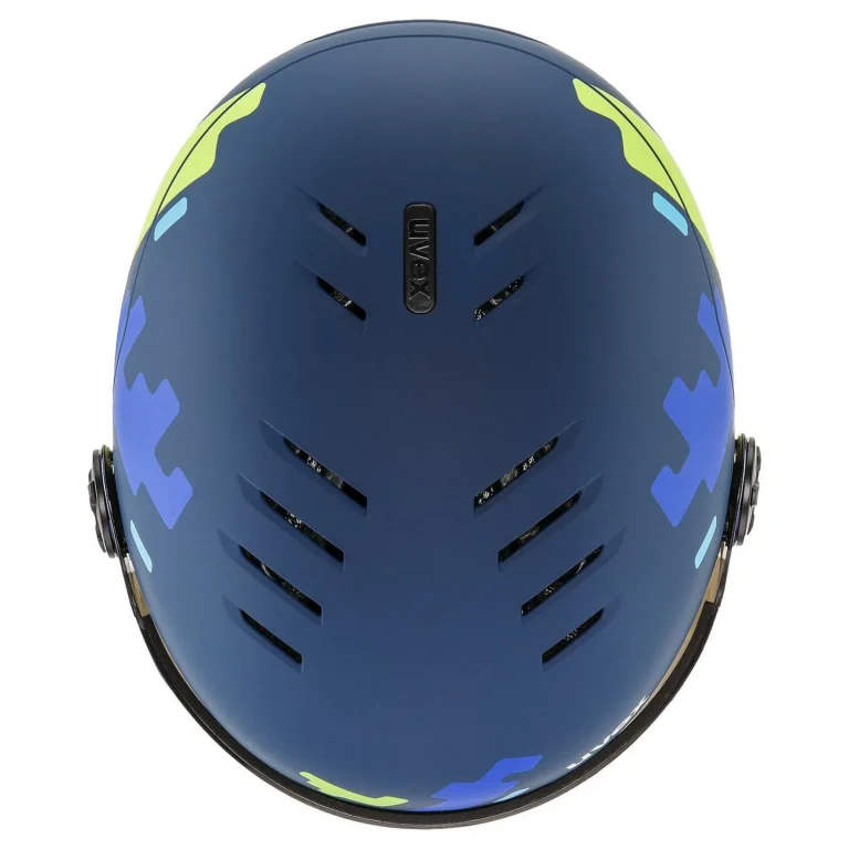 Детский горнолыжный шлем Uvex Rocket JR Visor blue puzzle matt для активного отдыха, горных походов и путешествий, экипировка для скалолазания и активной жизни